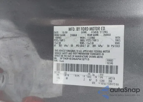 2010 Ford Ranger Xl/Xlt from USA, damaged, VIN 1FTKR1ED6APA12713